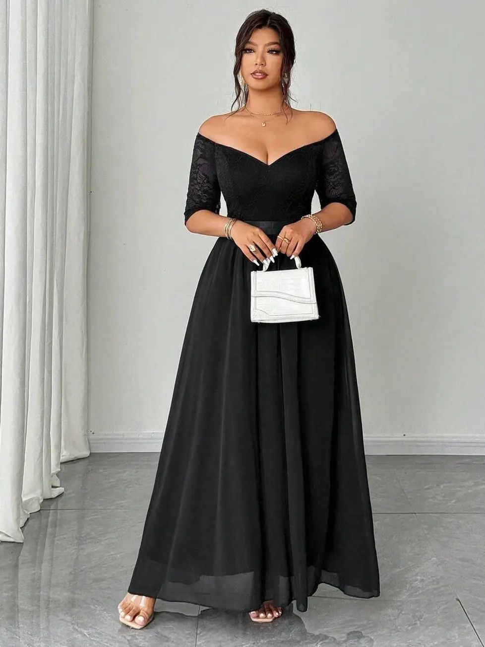 Plus Size Women's Elegant Romantic Party Dress, Lace Patchwork Off-Shoulder Short Sleeve Waist Cinched Chiffon Flowing Maxi Dress