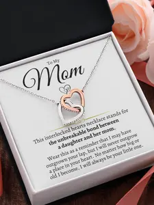 To My Mom Double Ring Hollow Heart-to-Heart Contrast Color Love Knot Necklace  | With Message Card & Gift Box | Perfect Mother's Day/Christmas/Birthday/Party/Anniversary Gift