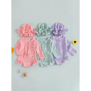 Baby Toddler Girls Swimsuit 6 9 12 18 24 Months 2T 3T Long Sleeve Flower Print Zipped Bikini with Hat Newborn Swimwear for Summer Bathing
