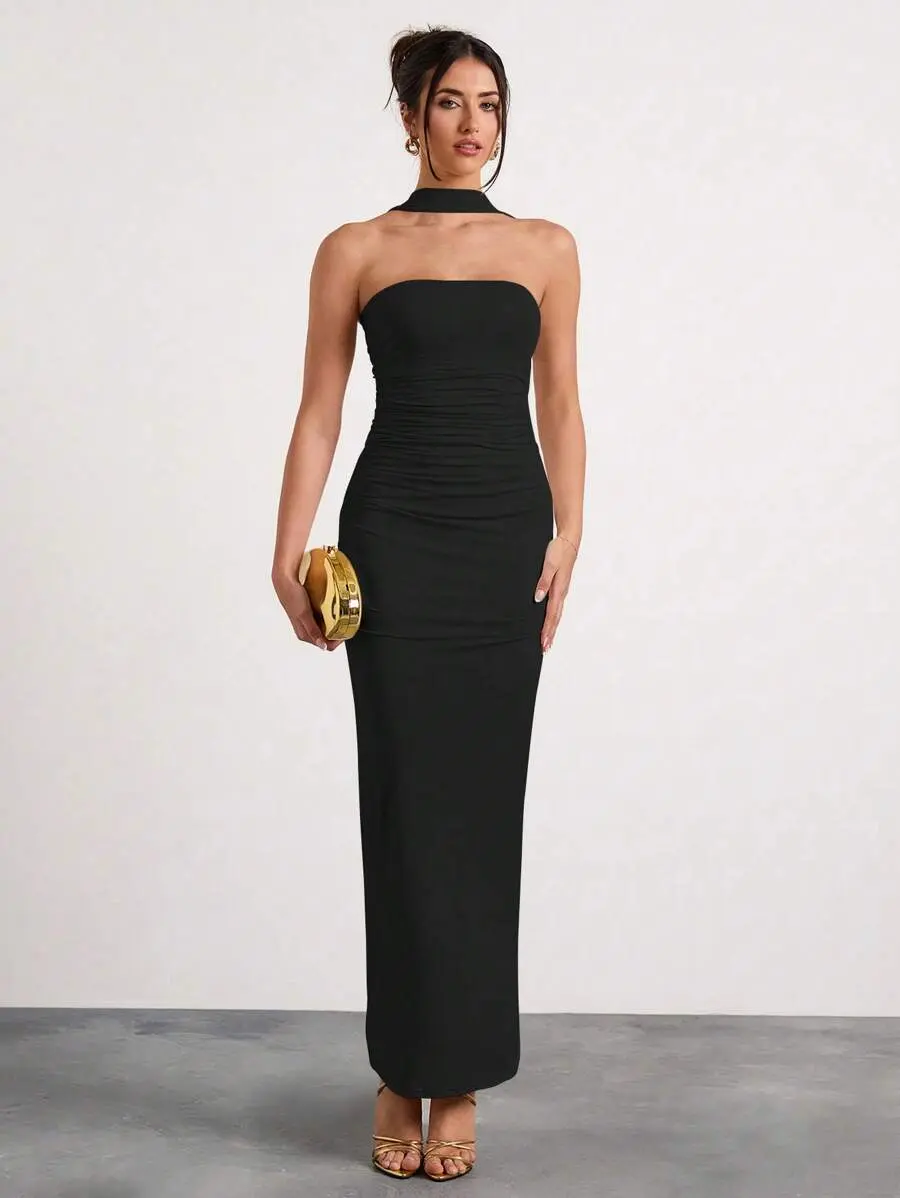 classy black birthday dress DOLLY Luxury Sleeveless Skin Revealing Tube Top Hollow Birthday Dress-MIA