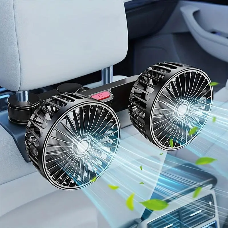 Adjustable Dual-Head USB Power Car Backseat Fan, 360° Rotate Mobile Car Seats Accessory, Strong Airflow Fast Cooling for Kids Summer Driving SUV RV