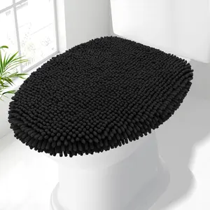 Soft Chenille Bathroom Toilet Lid Cover, Machine Washable, 17.5x15 in, Fits Most Round, Elongated and Oblong Lids, Accessory Decor, Black