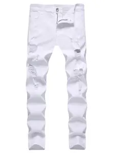Men's Denim Jeans with Ripped Patches, Fashionable Trendy Streetwear Motorcycle Elastic Pencil Pants, Casual Slim-Fitting All Seasons