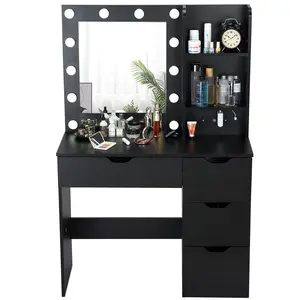 Large Black Vanity Desk with Mirror & Lights | 4-Drawer Makeup Dressing Table