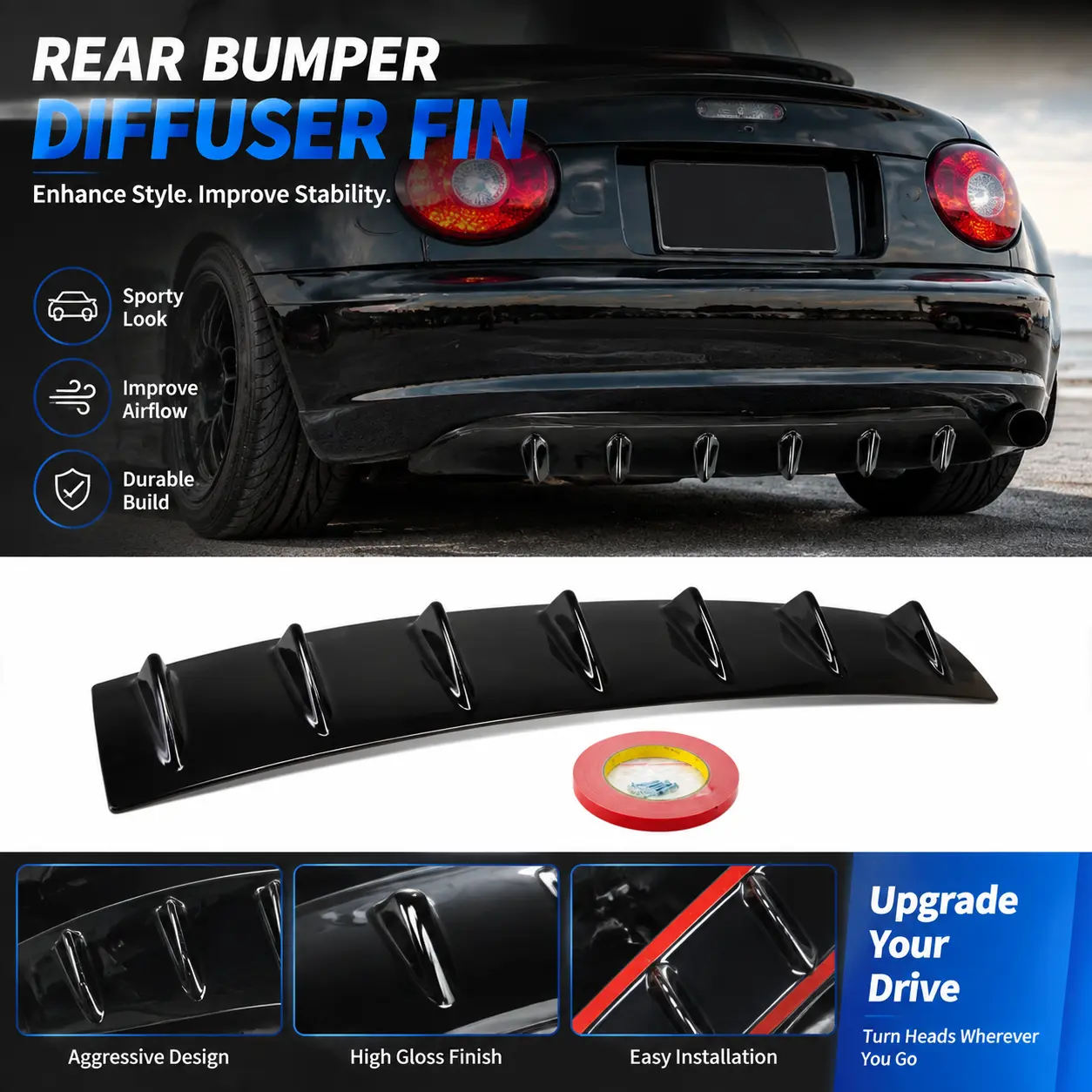 Black 7-Fin Integrated Car Rear Diffuser, Bumper Lip Shark Fin Air Flow Spoiler, Universal Aerodynamic Vehicle Exterior Auto Mod Accessories