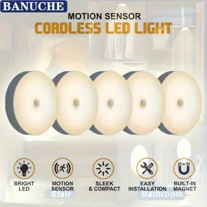 10pcs Smart Body Sensor LED Night Light, Hallway, Closet, Bedroom, Bedside Sensor Circular Light Stair Wireless Night Light Dynamic Sensor Wardrobe Light, Dynamic Sensor Light, Can Be Posted Anywhere