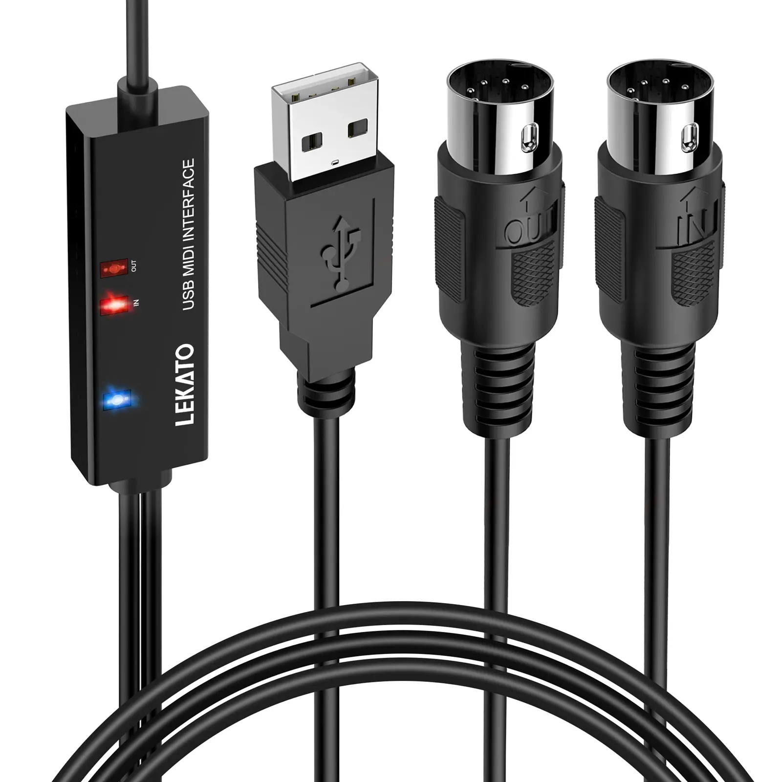 LEKATO USB MIDI Interface Cable for Editing & Recording, MIDI to USB Cable, 6.5Ft, Connecting with Piano Keyboard/Synthesizer, Midi to USB for Laptop Computer Windows and Mac, with Input & Output