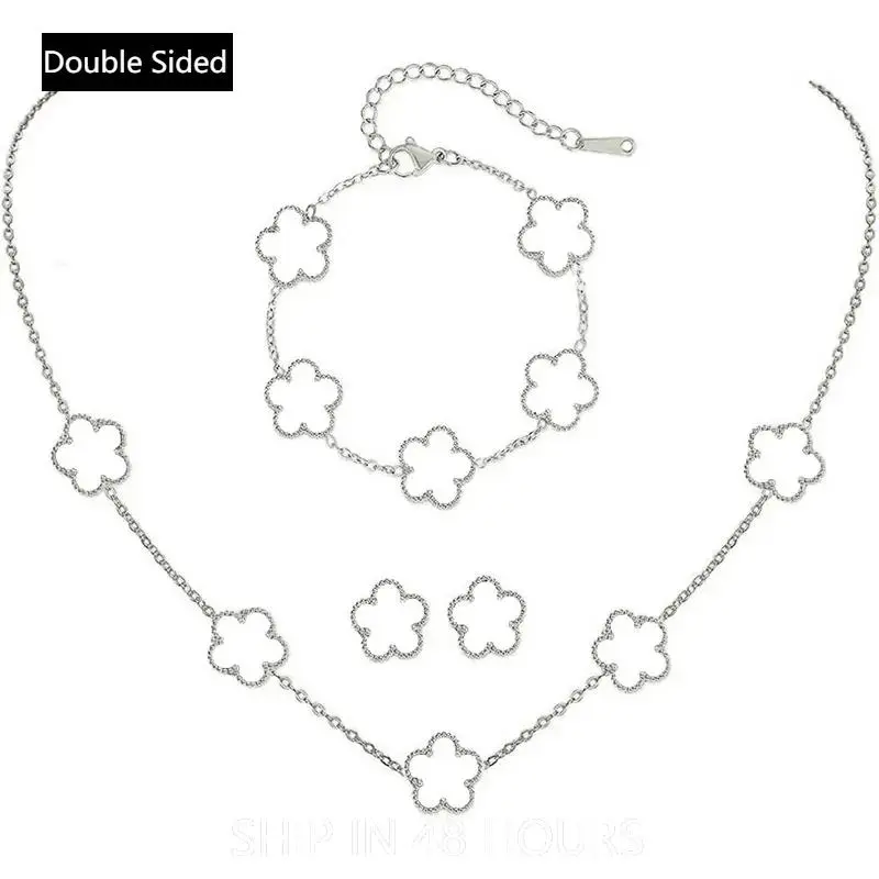 Silver-Tone Clover Jewelry Set for Women | Stainless Steel Double Sided Necklace, Bracelet & Earrings | Hypoallergenic & Waterproof