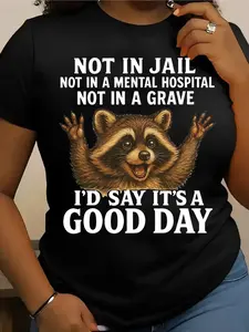 Plus Size Women's Clothing- Funny Owl Pattern T-Shirt- with the Text "Not in Prison, Not in a Mental Hospital, Not in a Grave"- Black T-shirt with White Text- Soft Everyday Women's T-shirt