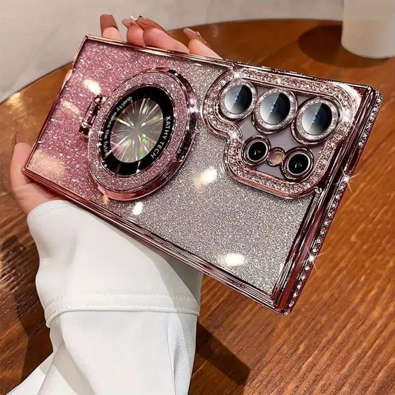 Bling Diamond Glitter Magnetic Kickstand Case For Samsung Galaxy S26-S22 Ultra FE Women Rhinestone Shockproof Phone Cover