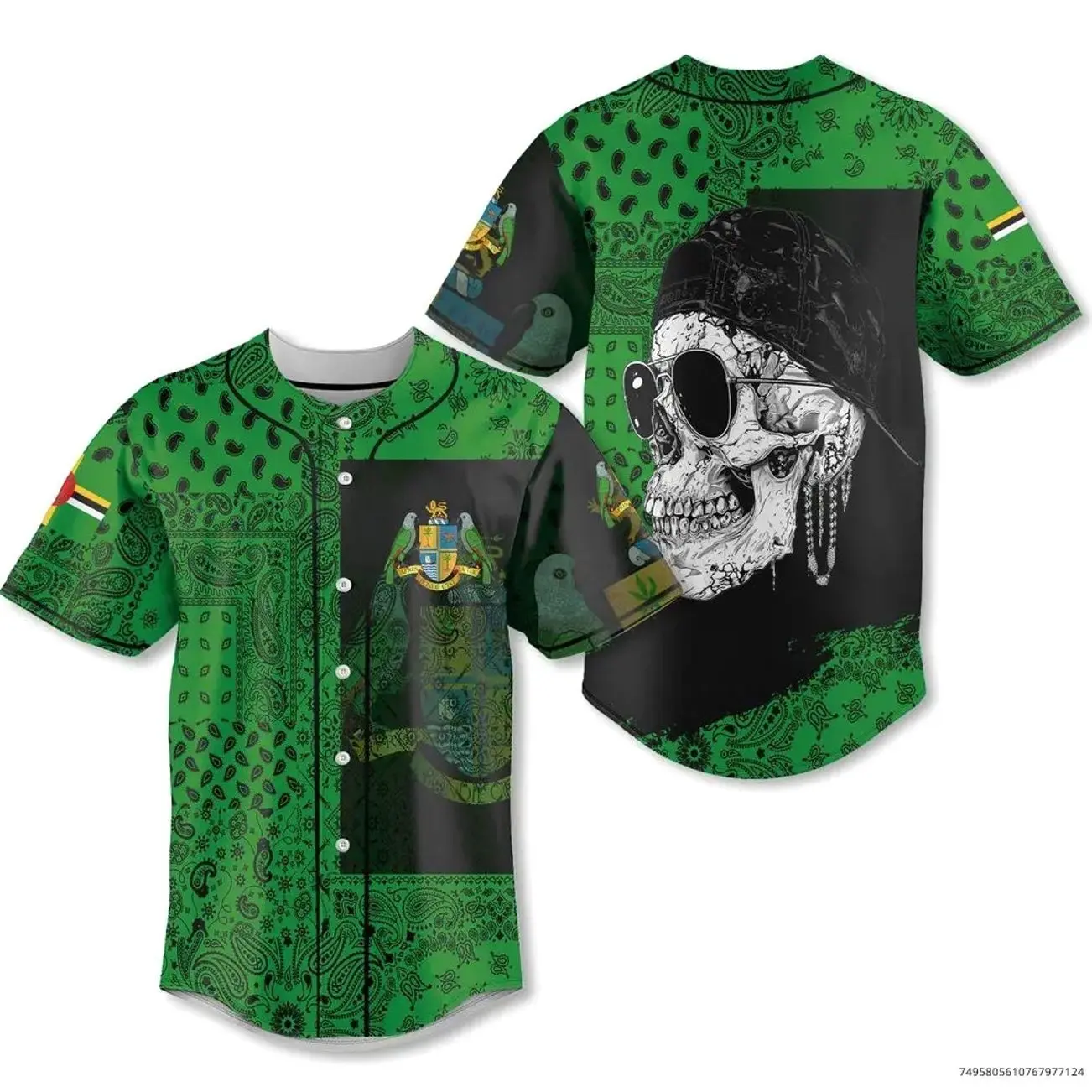 Dominica Baseball Jersey Paisley Flag And Skull Style