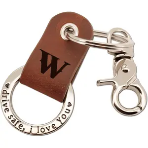 Custom Engraved Leather , Personalized Initial Key Ring for Him, Stainless Steel Couple  for Men & Women