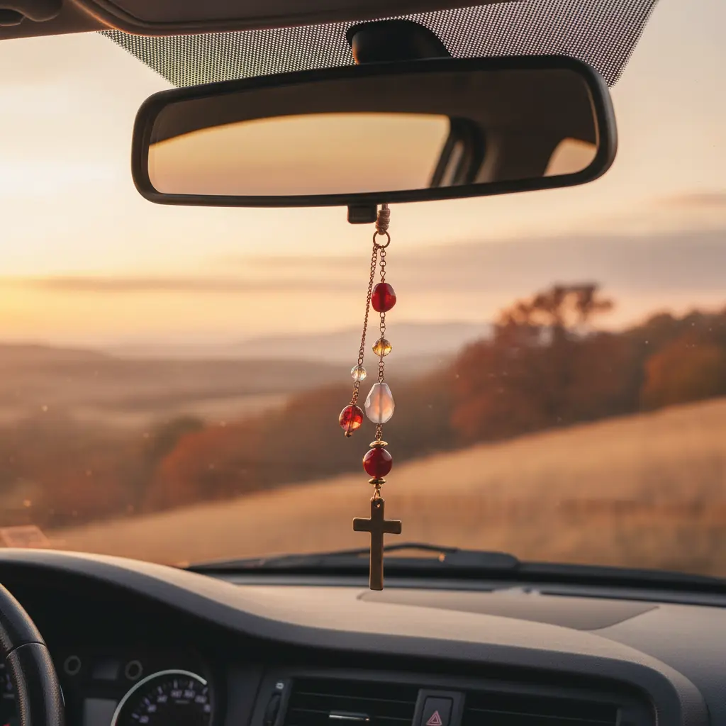 Elegant Crystal Beads Car Mirror Cross - Bling Auto Accessory, Aesthetic Car Decor, Sun Catcher Rearview Charm Converting Sunlight into Soft Color Reflections for Vehicles, Bling Car Accessories