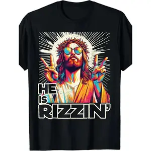 Retro He Is Rizzin Funny Jesus Has Rizzen Easter Christian T-Shirt Same Style for Men and Women 2026 Summer Short-sleeved Printed T-shirt