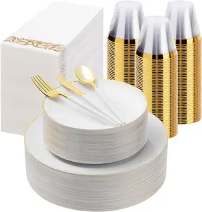 350 count White  Plastic Dinnerware Set,  Disposable Plates for Party, Graduation, Include 100 White Plates with 150 Plastic Cutlery, 50 Napkins and 50 Cups