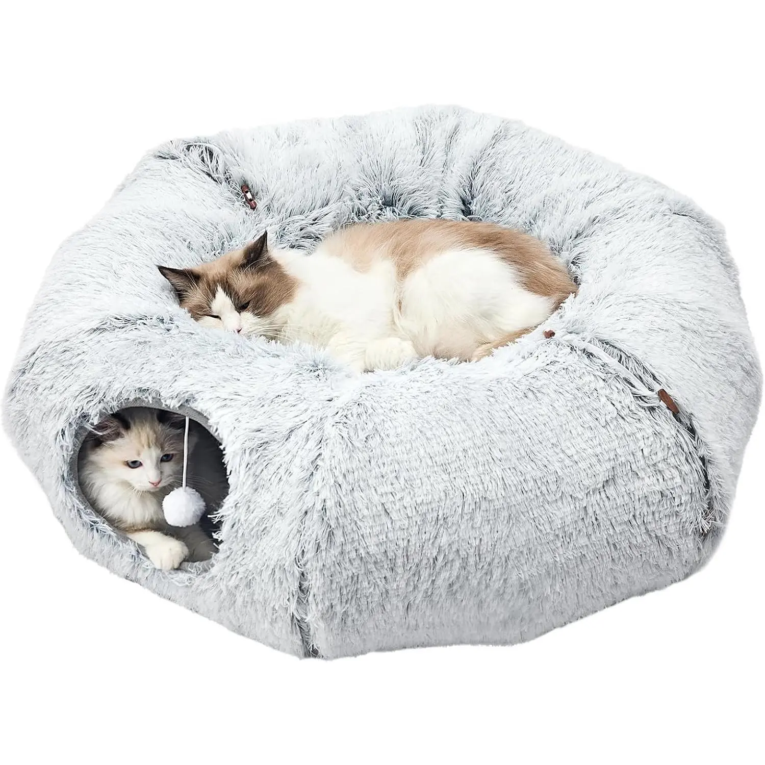 Plush Cat Tunnel Bed for Indoor Cats - Collapsible Donut Tunnel with Central Mat - Fluffy Cave with Hanging Ball Calming Kittens