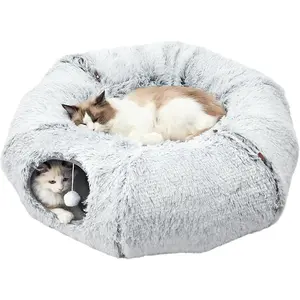 Plush Cat Tunnel Bed for Indoor Cats - Collapsible Donut Tunnel with Central Mat - Fluffy Cave with Hanging Ball Calming