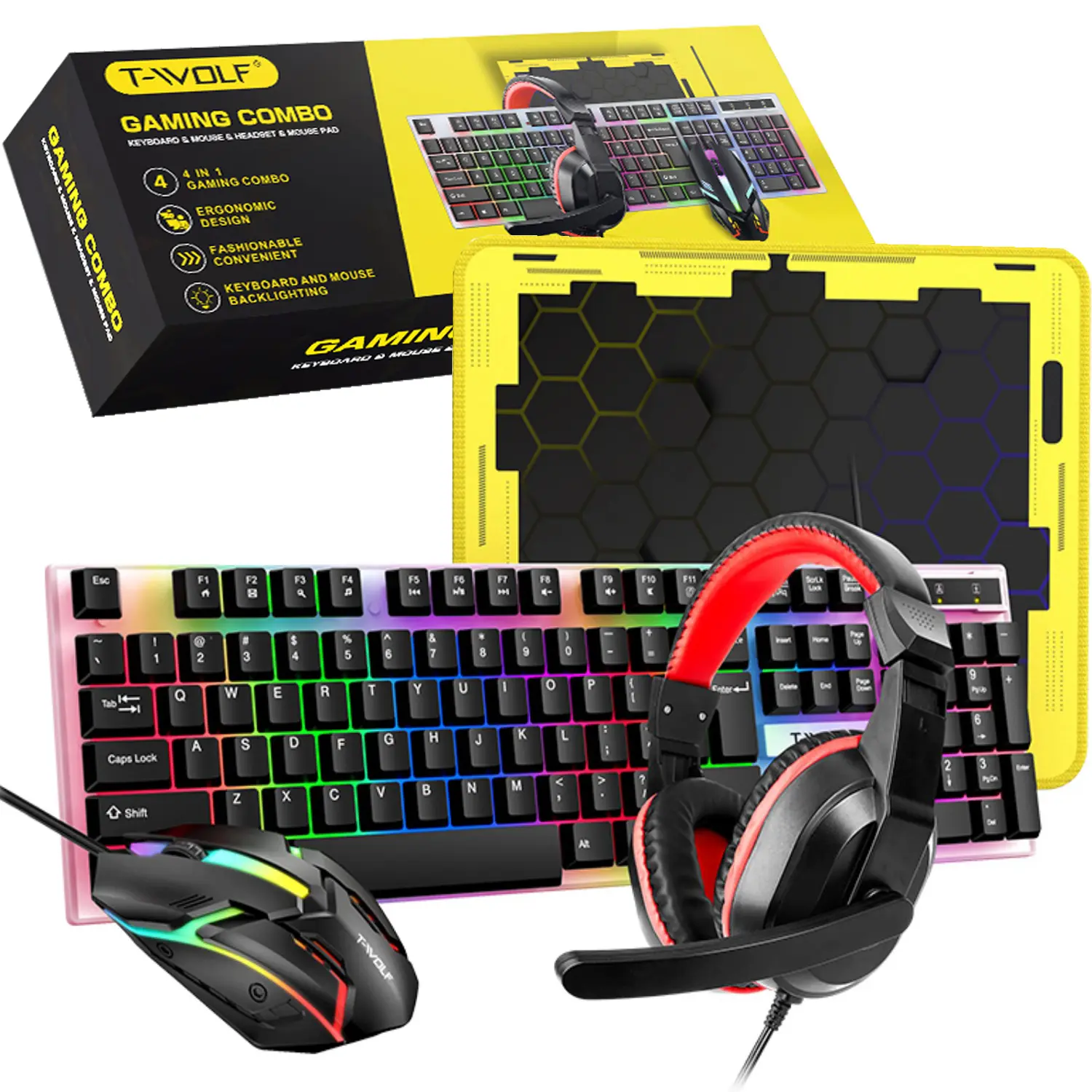 4-in-1 RGB LED Backlit Gaming Keyboard and Mouse Combo with Headset & Mouse Pad, for PC Computer Gamers