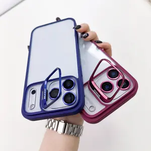 Compatible with iPhone 12 13 14 15 16 17 Pro Max Clear Shockproof Case with Lens Holder Stand Soft Frame Cover