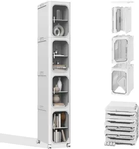 4-Tier Tall Narrow Storage Cabinet, Slim Bathroom Storage Cabinet with Adjustable Shelves and Wheels, Narrow Organizer for Small Space, Bathroom, Kitchen, Laundry, White