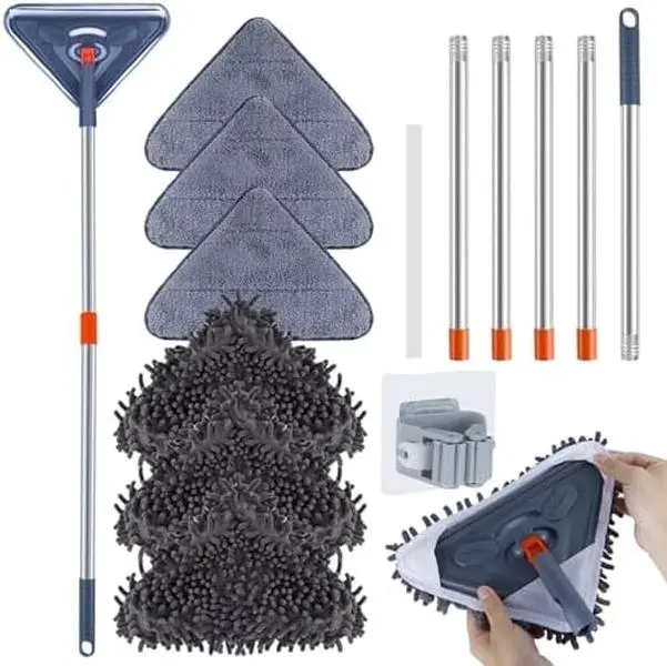 85 Inch Wall Cleaner with Long Handle, 360° Rotatable Wall Mop, Wall Washer Cleaner Tool for Walls/Ceiling Fans/Dust/Baseboard/Floors Clean, 6 Replacement Pads, 1 Squeegee Scraper Strips, 1 Mop Holder Cleaning Microfiber