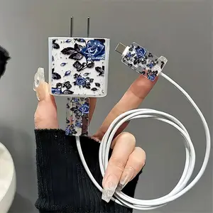Rose Pattern Charger & Cable Protector, 3 Counts/set Transparent Charger & Cable Protective Case, Phone Accessories for iPhone 18W/20W Charger