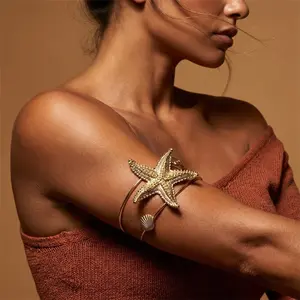 Starfish Shell Arm Ring, Adjustable Metal Bracelet, No Piercing, Beach Vacation, Party Style, Trendy Fashion Accessory