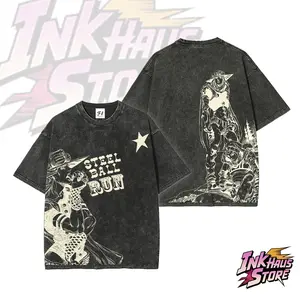 *JoJo's Bizarre Adventure: Steel Ball Run* themed acid wash T-shirt, featuring manga panels of the protagonists Johnny Joestar and Gyro Zeppeli from Part 7, along with the "STEEL BALL RUN" logo - Short Sleeve Cotton Unisex Retro Wash Tee