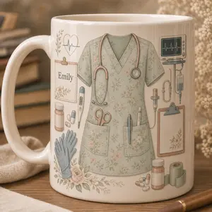 ICU Nurse Mug, 2D Printed 3D Effect Ceramic Coffee Cup, Personalized Floral Scrubs Design with Custom Name for ICU Nurse, RN, Hospital Staff, Nurse Graduation, Nurses Week, Birthday, Christmas Thank You Gift