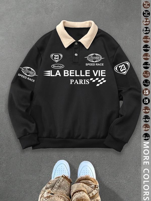 Unisex Y2K Style New York Letter Print Polo Sweatshirt, Thick Retro British Aesthetic Lamb Wool Collar Pullover for Streetwear Casual Wear