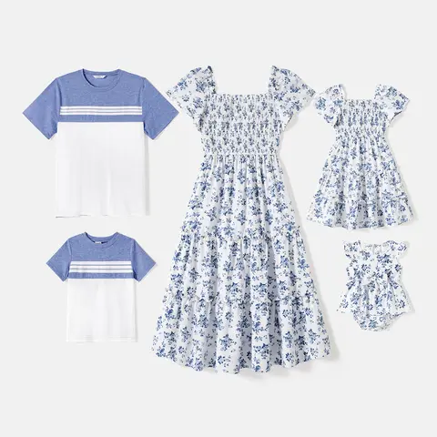 PatPat Family Matching Floral Smocking Casual Sets - Lady's Comfortable Tiered Gowns & T-Shirts, Mommy-and-Me Summer Outfits, Plus Size Up to 4XL