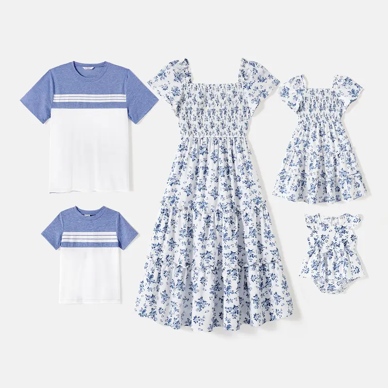 PatPat Family Matching Floral Smocking Casual Sets - Lady's Comfortable Tiered Gowns & T-Shirts, Mommy-and-Me Summer Outfits, Plus Size Up to 4XL