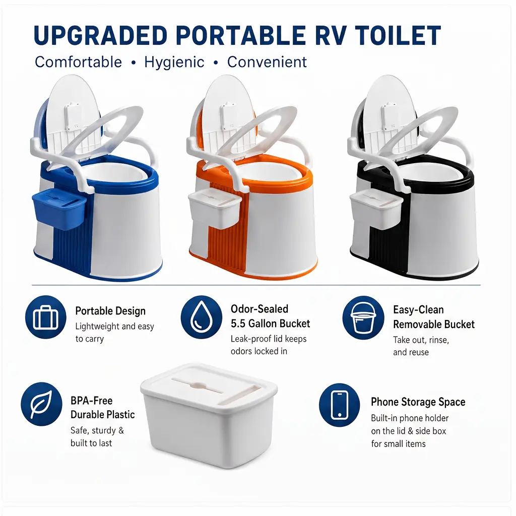 [Portable Camping Toilet] Portable Toilet Portable Camping Toilet With Backrest, 5 Gallon Detachable Bucket Commode W/ Handrails. Lightweight Plastic Design For RV/ Boat/ Travel (Blue & White)