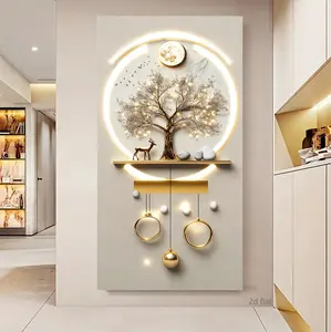 2D FLAT Wabi Sabi Style Wealth Tree Wall Art - Modern Luxury Entrance Decoration, Golden Element Canvas Painting, Large Canvas Mural, Suitable for Living Room, Bedroom, Office or Home Decoration, Bedroom Wall Decoration, Wall Decoration