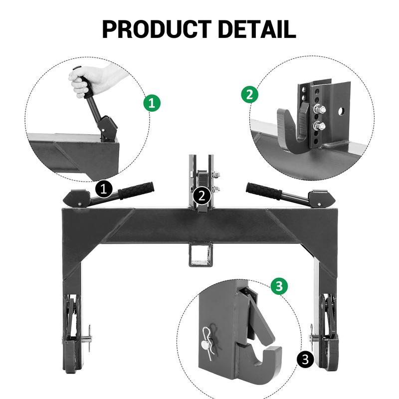3 Point Quick Hitch with 2" Receiver Hitch, Adaptation to Category 1, 3000LBS Lift Capacity, 5 Level Adjustable Bolt &Reinforcing Rib Design,Black