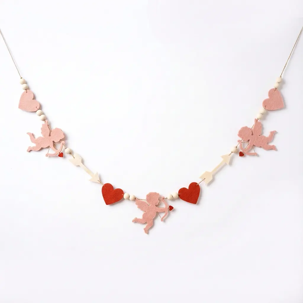 Adorable Valentine's Day Felt Wreath Cupid Heart Pull Flag Beads, Romantic Fireplace Mantel Wall Hanging Decor, Wedding Anniversary Photo Background