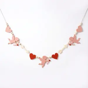 Adorable Valentine's Day Felt Wreath Cupid Heart Pull Flag Beads, Romantic Fireplace Mantel Wall Hanging Decor, Wedding Anniversary Photo Background