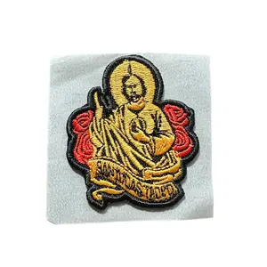 San Judas Tadeo Embroidered Hat Patch - Traditional Design with Reddish Borders and Gold Elements