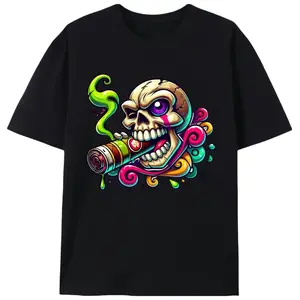 Cartoon Skeleton With Cigar Summer T-Shirt, Men's Unisex Streetwear Graphic Tee, Cool Skeleton Casual Shirt for Hip-Hop Lovers