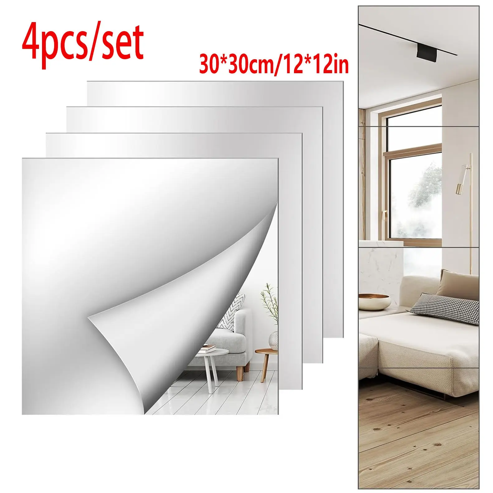 4-Pack Full-Length Wall Mirror, 12x12 Inch Decorative Acrylic Mirror Tiles, Shatter-Resistant Flexible Plastic Mirror Board for Bedroom, Home Gym Door, Self Adhesive Stickers