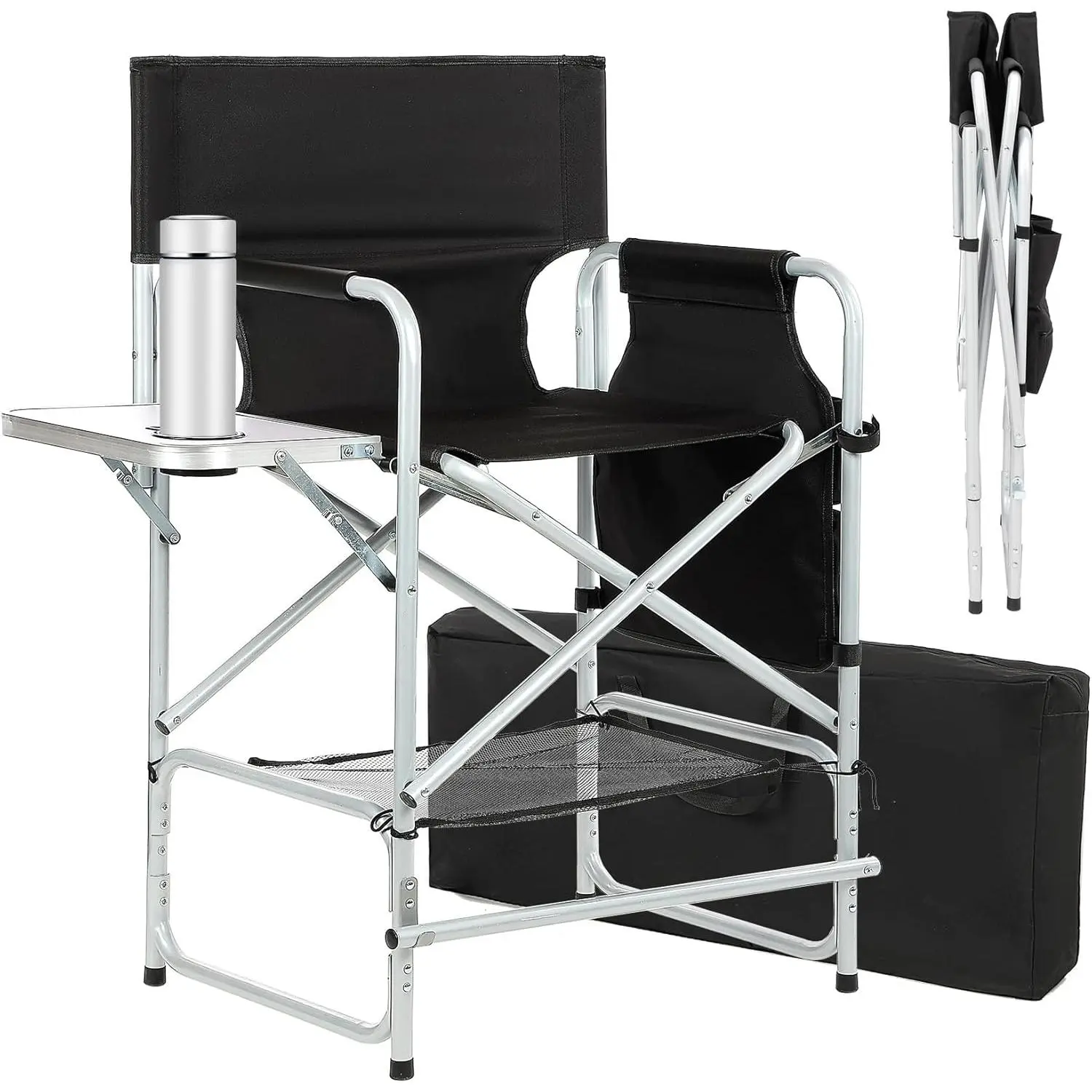 Tall Makeup Chair 41'', Director Chair 600 lbs Foldable Portable, Makeup Chair for Makeup Artist with Table, Cup Holder, Storage Bag & Footrest