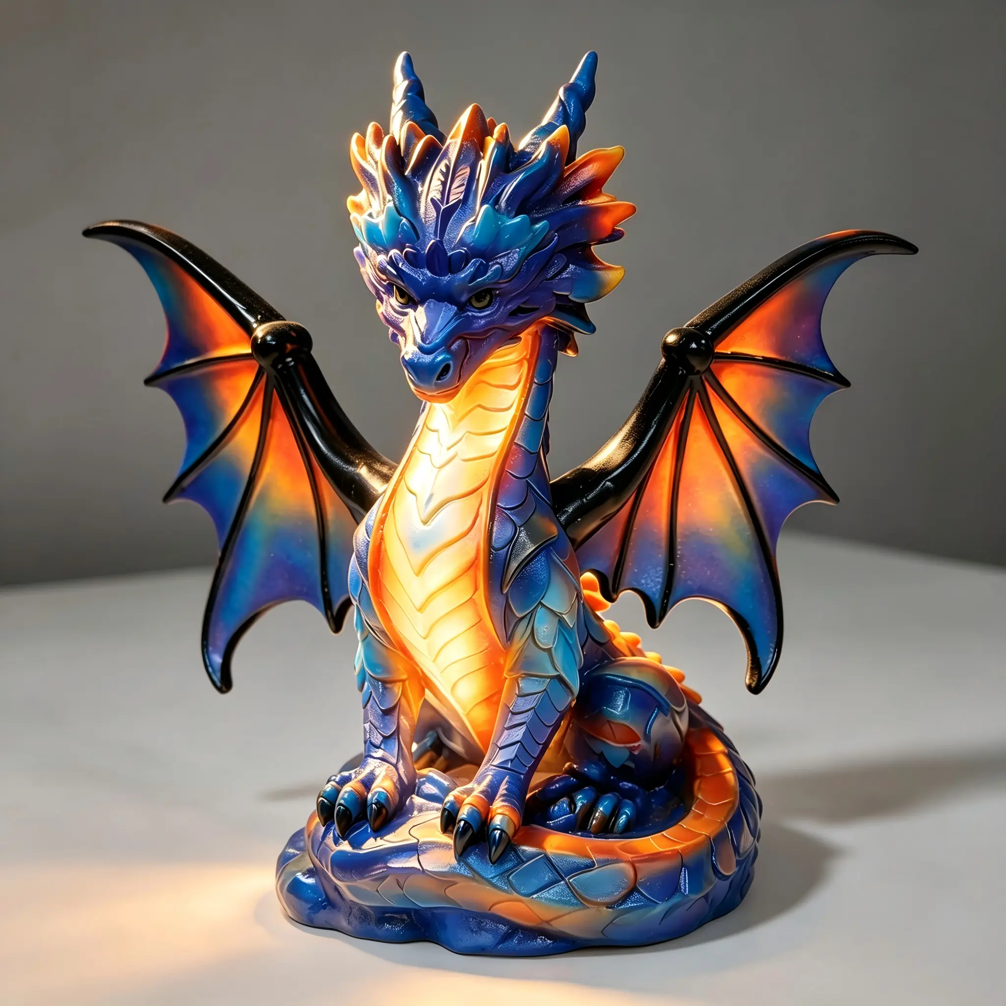Rainbow Color Changing Dragon Lamp – Multicolor Gradient Resin Sculpture & Night Light, plug-in powered for Bedroom Desk Fantasy Decor. Purple, red, orange, blue mix with pearl-like scales. decoration
