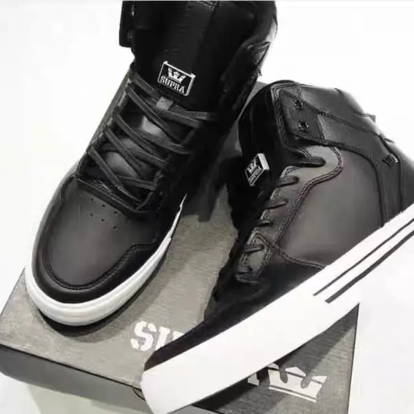 Supra Vaider Classic Black & White Retro Skate Shoes | Full Crinkled Leather Mid-High Top Men’s Big Sizes