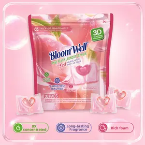 Family Size laundrypods,  3D Lock-In Fragrance Microcapsule Technology Laundry Beads, Luxury Fragrance, Long-Lasting Scent, Miss Peach, Deep Cleaning, Stain Removal, HE Compatible,30 Pcs/Bag, 1 Bag/4 Bags Peach Scent Laundry Pods,BloomWell