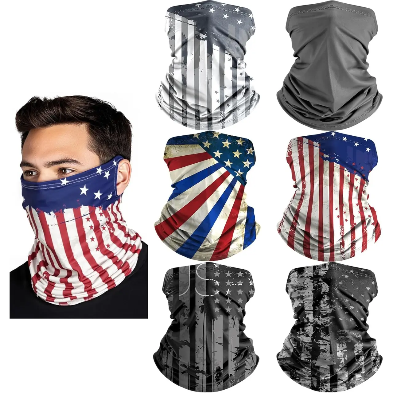 6 Pack American Flag Neck Gaiter Face Mask: Breathable Windproof Face Cover Balaclava High Elastic Earloop Bandana for Men Women