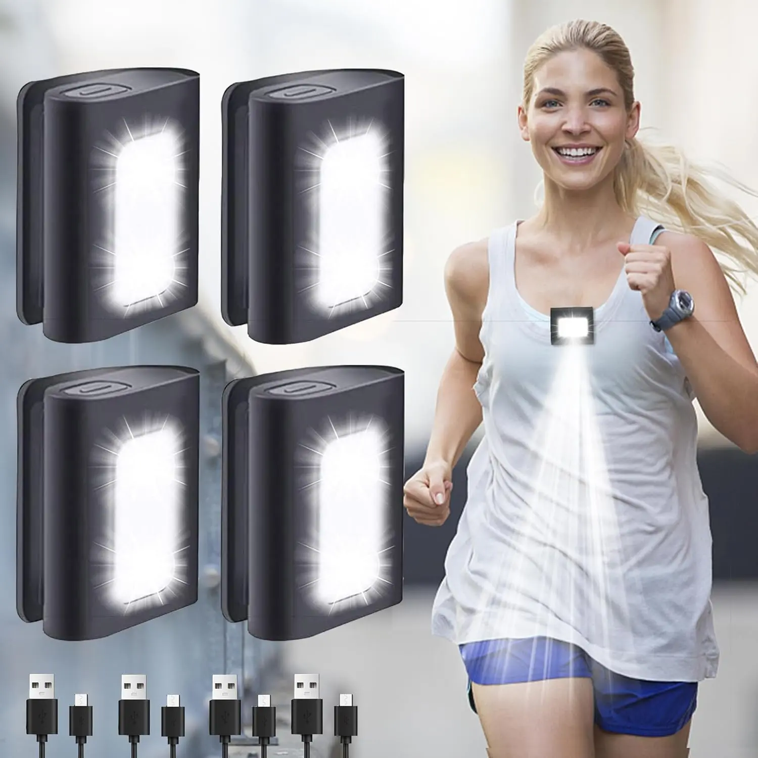 Running Light, 4count Reflective Running Gear for Runners, USB Rechargeable LED Light, Clip on Running Lights with Runners and Joggers for Camping, Hiking, Running, Outdoor Adventure