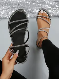 Summer New Simple Lightweight Round Toe Open Toe Glass Rhinestone Beach Vacation Slip-On Women's Outdoor Flat Sandals
