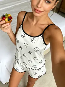 Women's Pajama Set, Sleeveless Slim-Fitting Sleepwear Loungewear, All-Over Smile Print, Cozy Home, Perfect for All Seasons, Pjs