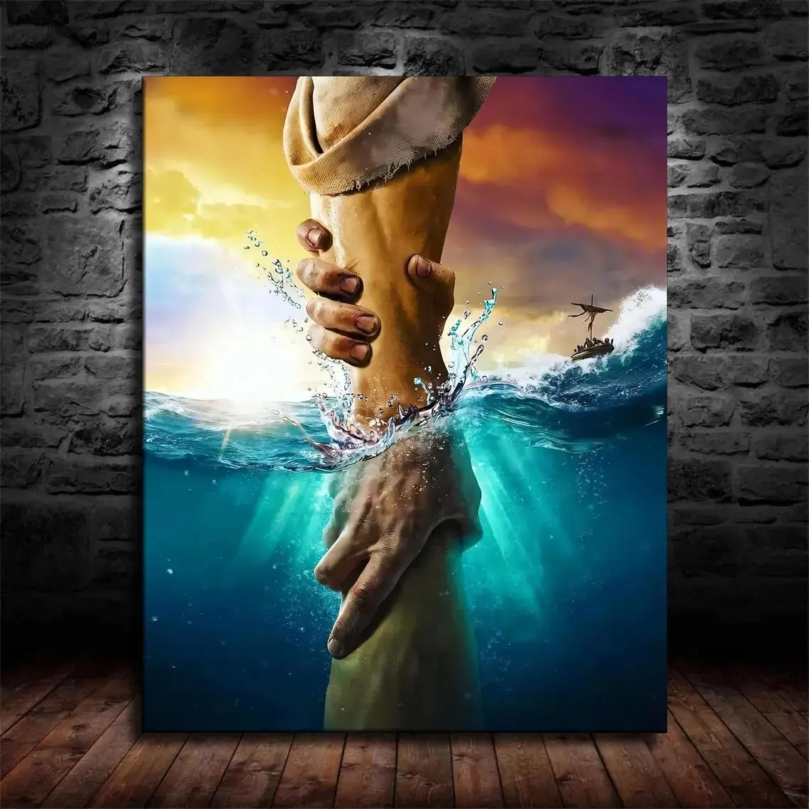 Unframed Jesus Reaching Saving Hand Canvas Wall Art - Christian Ocean God's Hand Print, Decorative Religious Bible Scene Poster, Inspirational Indoor Art for Farmhouse Living Room Bedroom, All-Seasons Faith Home Decor Supplies (a, box-included)