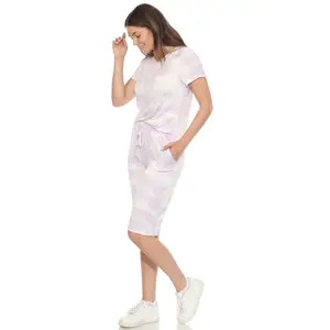212 MAIN Women's 2-Piece Short-Sleeve Knit Nightwear Set - Soft, Breathable Elastic Fabric, Adjustable Lilac Tie-Dye Capri Pajamas with Top & Pocketed Pants, Loungewear, Size XL (Model 3627-09)